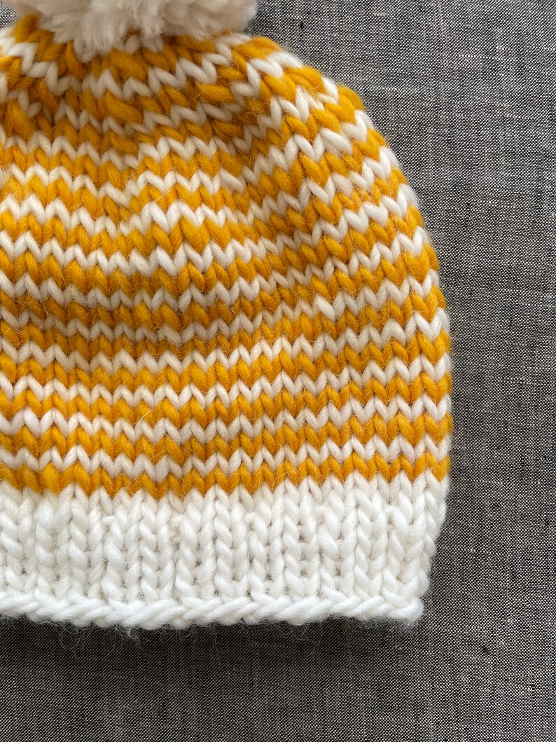 Striped Mustard & Off White Pompom Beanie Warm Winter Hat Baby to Adult Sizes Available image 4