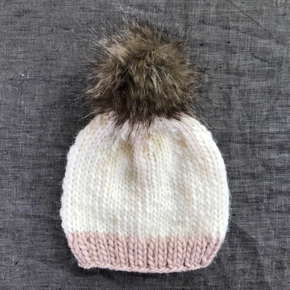 Hand Knit Wool Beanie With Faux Fur Pom – 6-12 Month  display picture 1