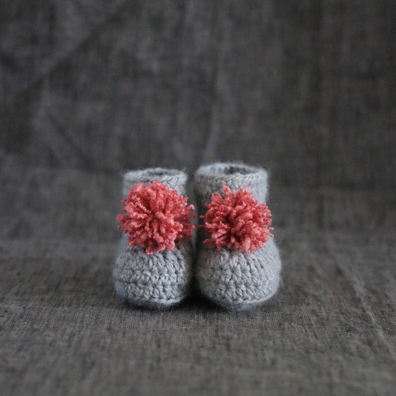 Grey & Pink Pompom Baby Booties 0 to 3 or 3 to 6 Month Sizes image 1