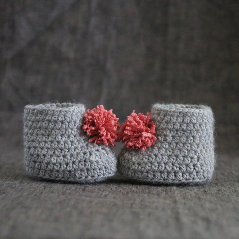 Grey & Pink Pompom Baby Booties 0 to 3 or 3 to 6 Month Sizes image 5