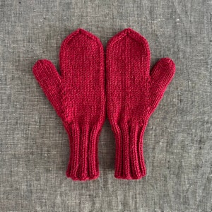 Hand Knit Mittens, Merino Wool and Alpaca in Berry Red, Kids' Size Small image 4