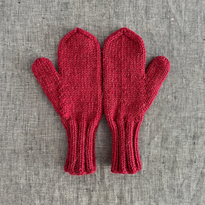 Hand Knit Mittens, Merino Wool and Alpaca in Berry Red, Kids' Size Small image 4