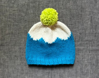 Turquoise and Lime Green Knit Pom Pom Hat - Scalloped Knitted Hat - Warm Wool Winter Hat - Hand Knitted Beanie - 3 to 6 Month Size