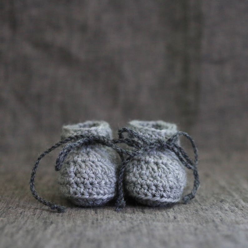 Light & Dark Grey Crochet Baby Booties with Ties Gender Neutral Baby Shoes 0 to 3 Months 3 to 6 Months image 1