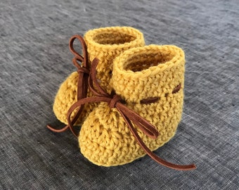 Golden Yellow Baby Shoes - Baby Booties with Deerskin Ties - 0 to 3 Month Size