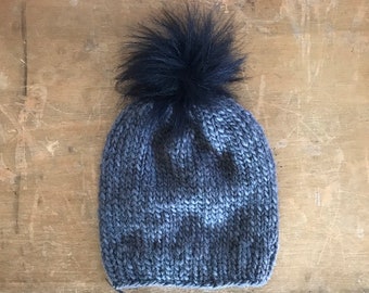 Gray Beanie with Black Faux Fur Pom Pom - Baby, Toddler, Kids, Adult Sizes Available