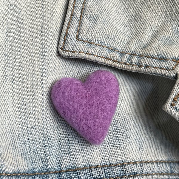 Small Lavender Purple Heart Pin - Needle Felted Merino Wool