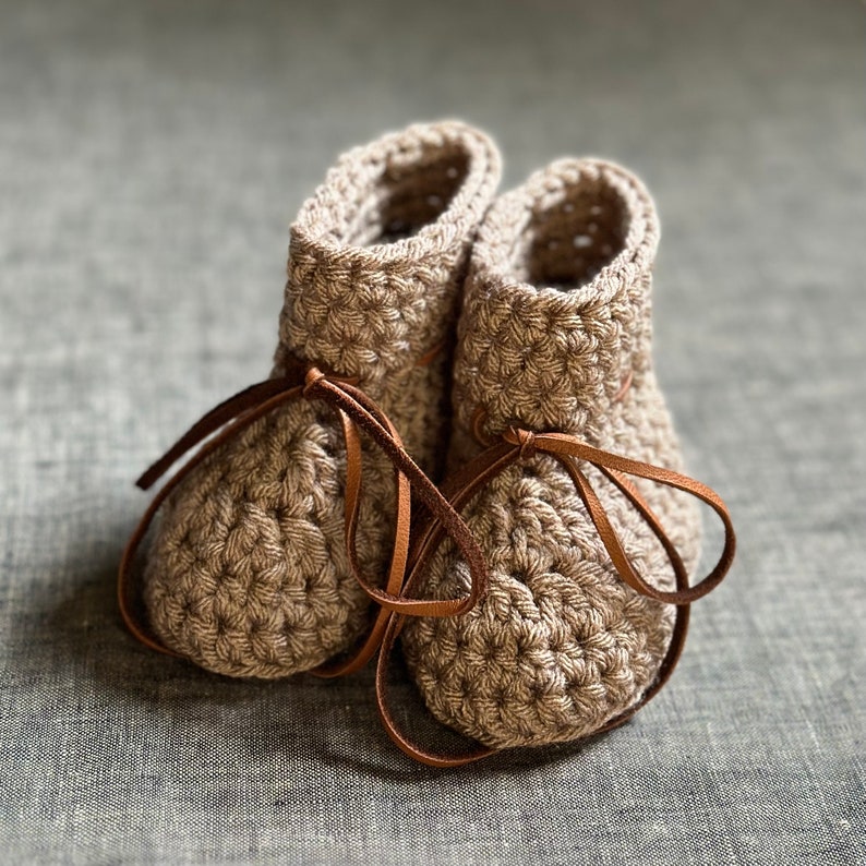 Brown Baby Shoes with Leather Ties Gender Neutral Baby Booties 3 to 6 Month Size image 2