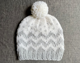 Cream + Grey Zig Zag Beanie - Adult Sized - Hand Knit with Wool Yarn