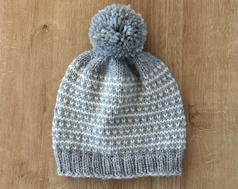 Grey and White Fair Isle Pompom Beanie, Baby to Adult Sizes Available