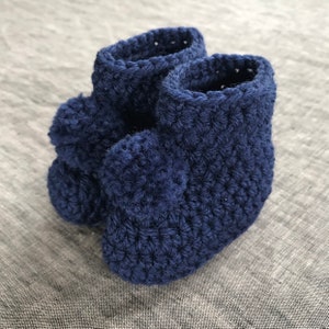 Navy Crochet Pompom Booties - 0 to 3 Month or 3 to 6 Month Sizes Available