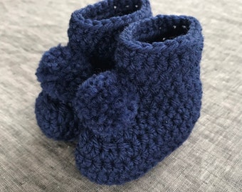 Navy Crochet Pompom Booties - 0 to 3 Month or 3 to 6 Month Sizes Available