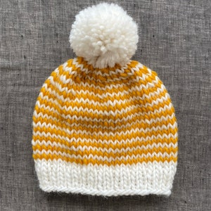 Striped Mustard & Off White Pompom Beanie Warm Winter Hat Baby to Adult Sizes Available image 6