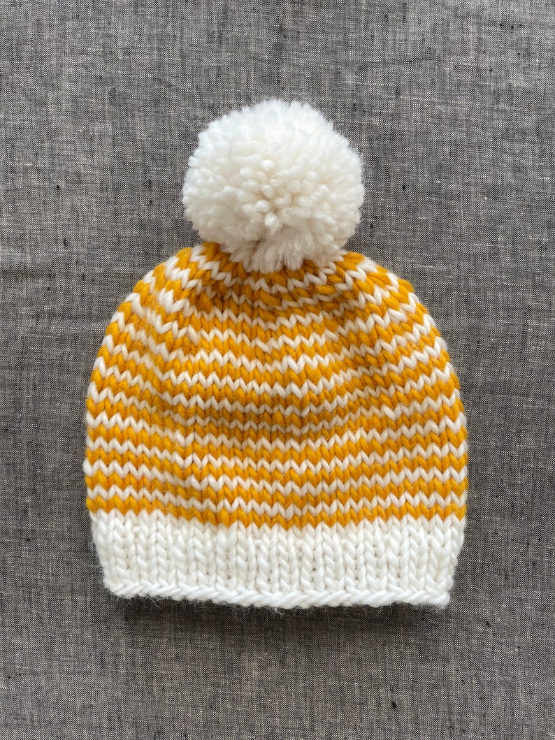 Striped Mustard & Off White Pompom Beanie Warm Winter Hat Baby to Adult Sizes Available image 6