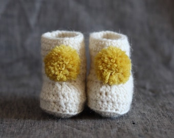Off White and Mustard Crochet Baby Booties - 0 to 3 Month or 3 to 6 Month Sizes