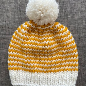 Striped Mustard & Off White Pompom Beanie Warm Winter Hat Baby to Adult Sizes Available image 5