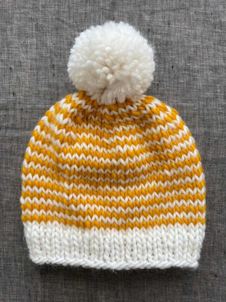 Striped Mustard & Off White Pompom Beanie Warm Winter Hat Baby to Adult Sizes Available image 5