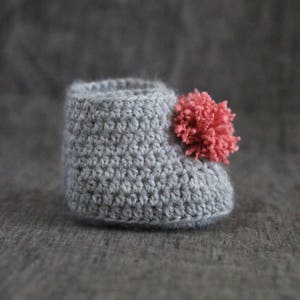 Grey & Pink Pompom Baby Booties 0 to 3 or 3 to 6 Month Sizes image 4