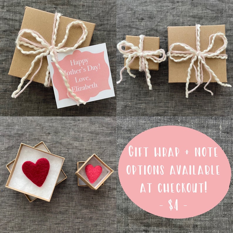 May include: Two small gift boxes wrapped in brown paper with pink and white twine bows. A card with the text "Happy Mother's Day! Love, Elizabeth" is in the background. The text "GIFT WRAP + NOTE OPTIONS AVAILABLE AT CHECKOUT! - $4 -" is in a pink circle.