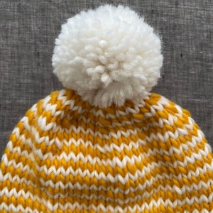 Striped Mustard & Off White Pompom Beanie Warm Winter Hat Baby to Adult Sizes Available image 2