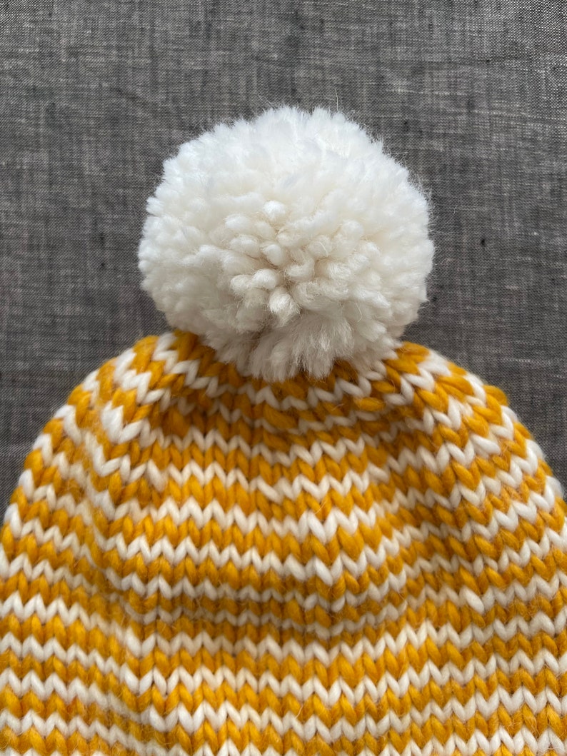 Striped Mustard & Off White Pompom Beanie Warm Winter Hat Baby to Adult Sizes Available image 2