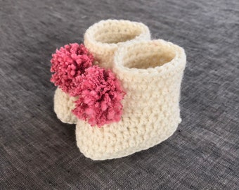 Cream & Pink Pompom Baby Booties - 0 to 3 or 3 to 6 Month Sizes