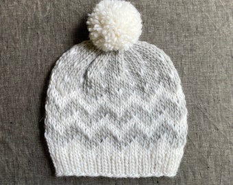 Gray + Cream Zig Zag Beanie - Adult Sized - Hand Knit with Wool Yarn