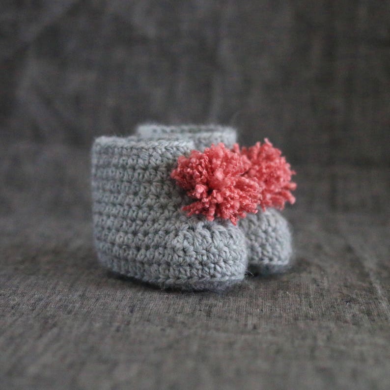 Grey & Pink Pompom Baby Booties 0 to 3 or 3 to 6 Month Sizes image 3