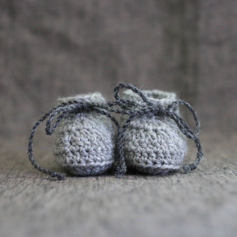 Light & Dark Grey Crochet Baby Booties with Ties Gender Neutral Baby Shoes 0 to 3 Months 3 to 6 Months image 3