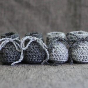 Light & Dark Grey Crochet Baby Booties with Ties Gender Neutral Baby Shoes 0 to 3 Months 3 to 6 Months image 2