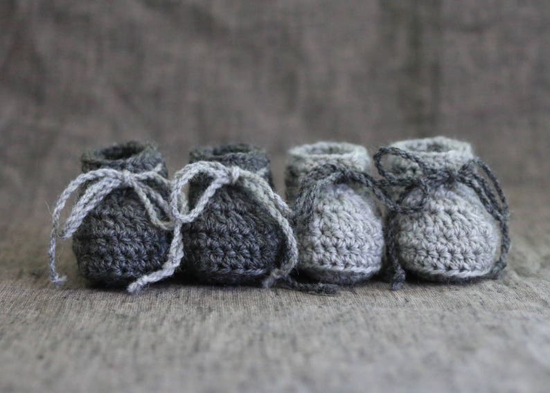 Light & Dark Grey Crochet Baby Booties with Ties Gender Neutral Baby Shoes 0 to 3 Months 3 to 6 Months image 2