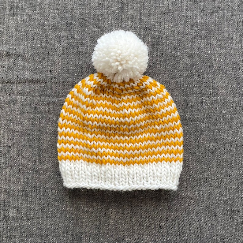Striped Mustard & Off White Pompom Beanie Warm Winter Hat Baby to Adult Sizes Available image 1