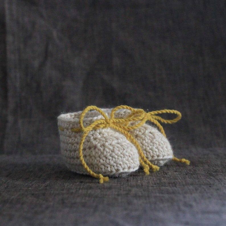 Off White and Mustard Yellow Baby Alpaca Booties with Ties 0 to 3 or 3 to 6 Month Sizes image 1