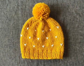 Mustard Knit Polka Dot Beanie - Fair Isle Pompom Hat - Toddler, Kid, Adult Sizes Available