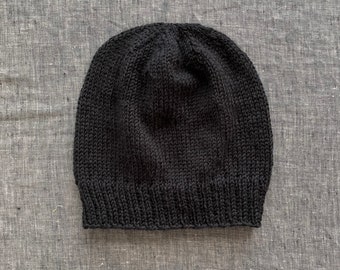 Black Hand Knitted Winter Beanie - Baby Through Adult Sizes Available - Wool or Cotton