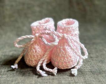 Pink Crochet Baby Booties with Ties - 0 to 3 Month Size