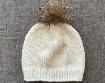 Faux Fur Pom Pom Beanie - Hand Knit Chunky Wool Pom Hat - Baby, Toddler, Kid, Adult Sized - Winter Kid's Hat - Off White & Brown Fur Hat