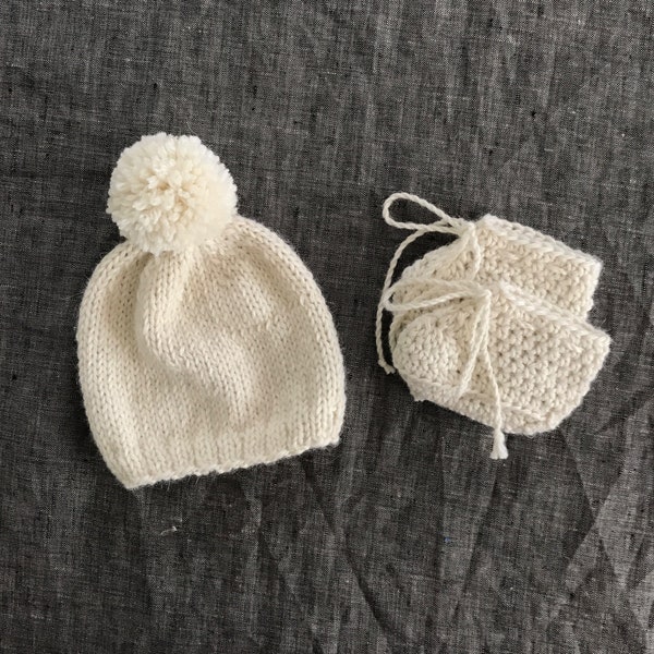 Hand Knit Baby Gift Set - Pompom Hat & Bootie Baby Shower Gift Idea - Soft Baby Alpaca or Merino Wool