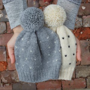 Polka Dot Pom Pom Hat - Grey and White Fair Isle - Baby Through Adult Sizes Available