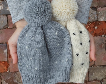 Polka Dot Pom Pom Hat - Grey and White Fair Isle - Baby Through Adult Sizes Available