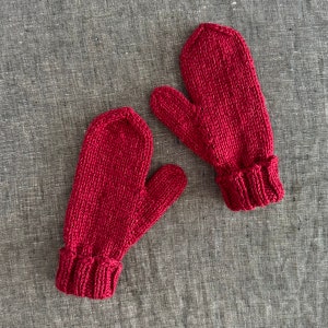 Hand Knit Mittens, Merino Wool and Alpaca in Berry Red, Kids' Size Small image 3