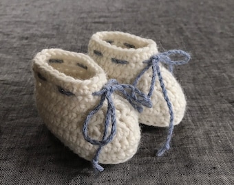 Cream Baby Booties with Blue Ties - 0 to 3 or 3 to 6 Month Sizes
