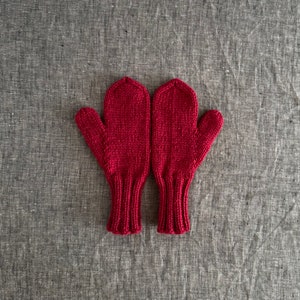 Hand Knit Mittens, Merino Wool and Alpaca in Berry Red, Kids' Size Small image 2