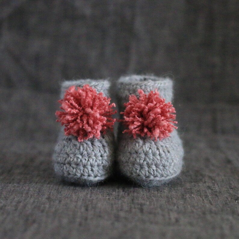 Grey & Pink Pompom Baby Booties 0 to 3 or 3 to 6 Month Sizes image 2