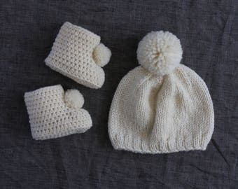 Off White Knit Hat & Bootie Set - Pompom Beanie and Boots - 0 to 3 or 3 to 6 Month Sizes