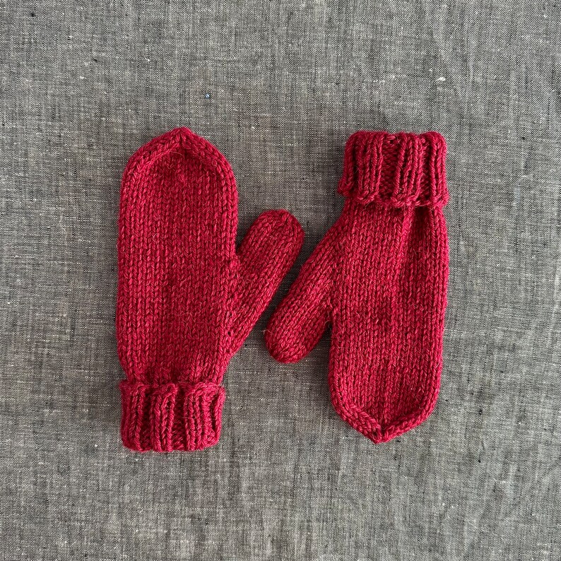 Hand Knit Mittens, Merino Wool and Alpaca in Berry Red, Kids' Size Small image 5