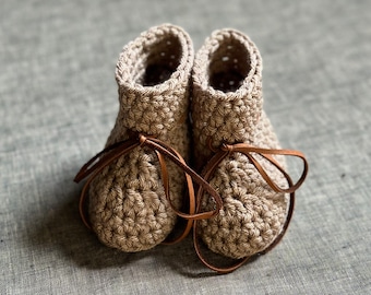 Brown Baby Shoes with Leather Ties - Gender Neutral Baby Booties - 3 to 6 Month Size