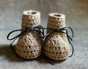 Brown + Black Baby Shoes - Gender Neutral Baby Booties with Deerskin Ties - 3 to 6 Month Size