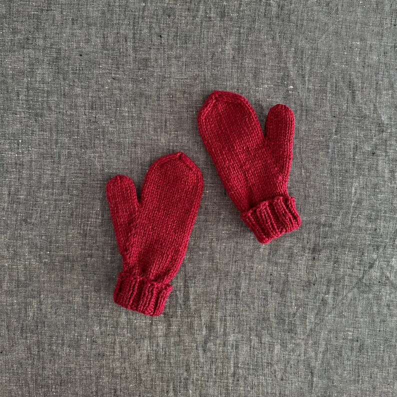 Hand Knit Mittens, Merino Wool and Alpaca in Berry Red, Kids' Size Small image 1