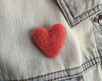 Small Coral Pink Heart Pin -  Felt Heart Jewelry -  Merino Wool Heart Pin - Mother's Day Gift Idea